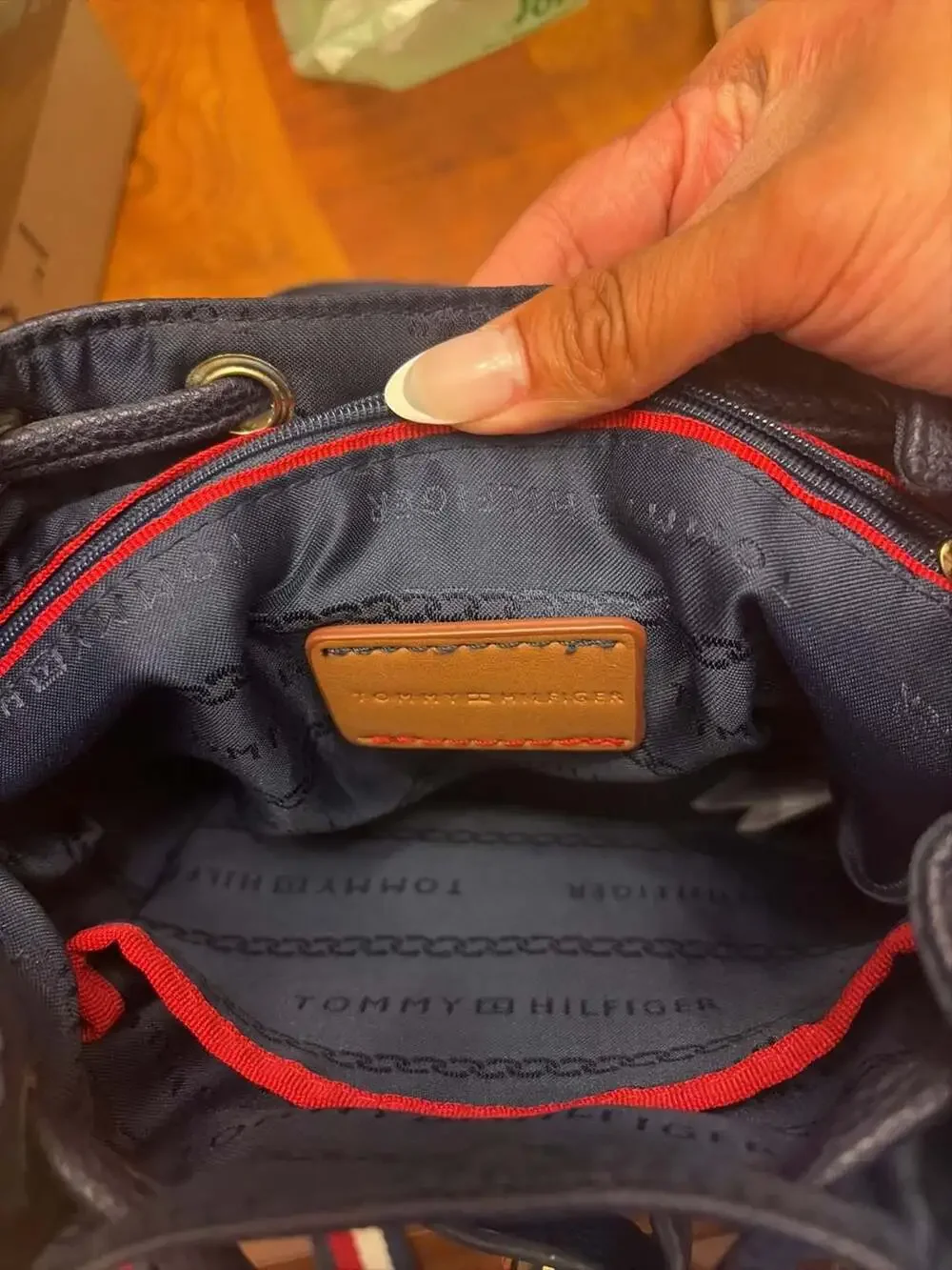 Tommy Hilfiger Navy Blue Faux Leather Drawstring Small Backpack with Striped Str